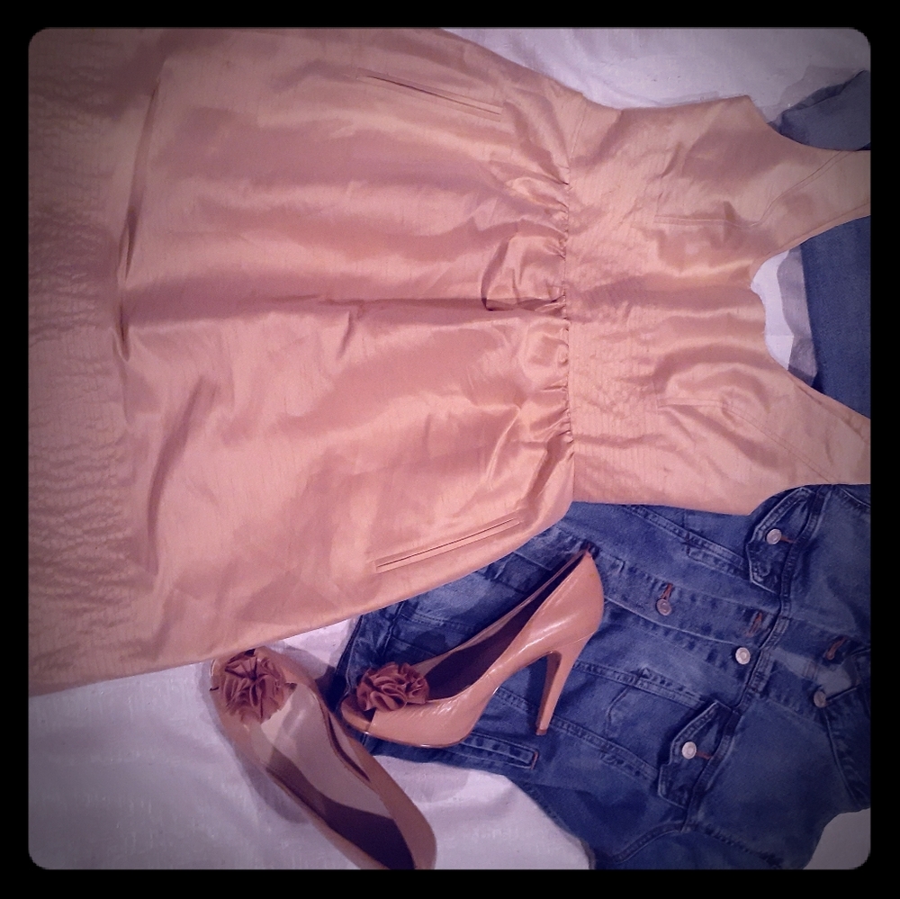 Mini Dress Champagne Color Faux Pockets
